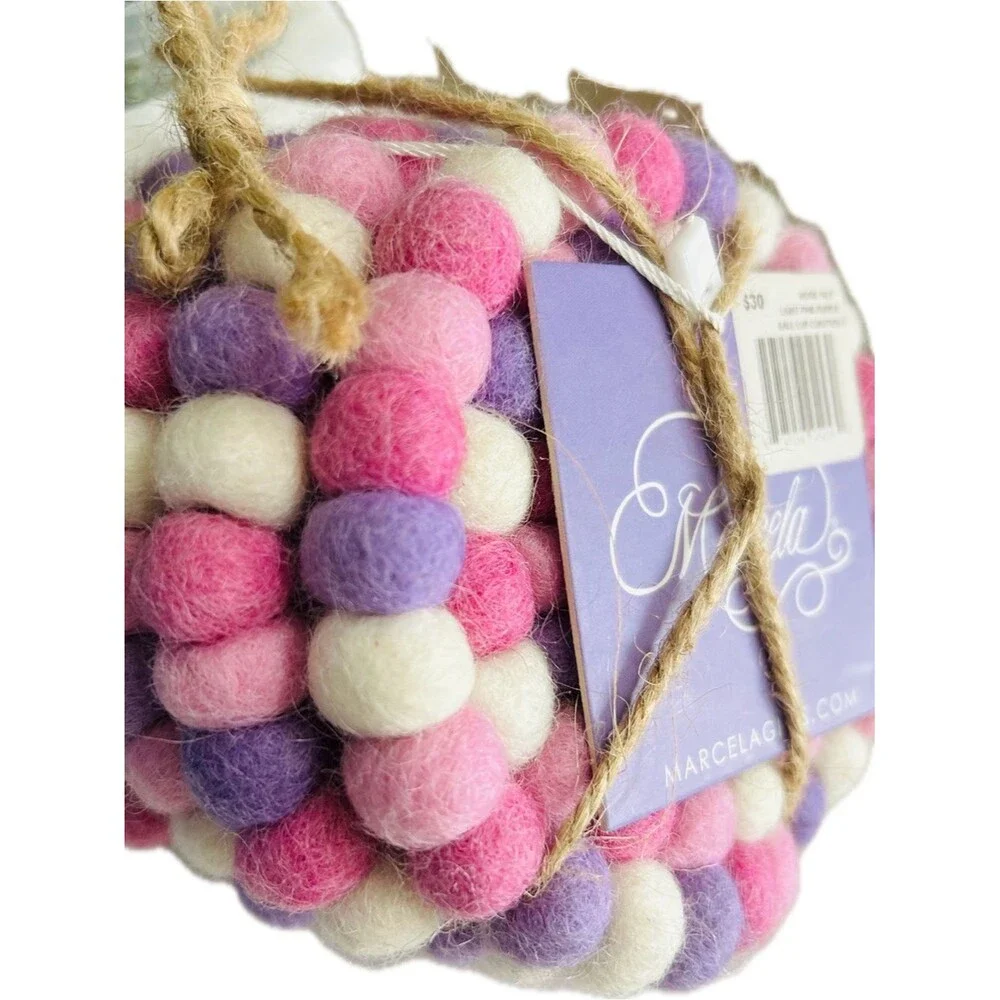 Pink Purple & White Felt Ball Four Piece Coaster Set Kitchen Dining Table Decor